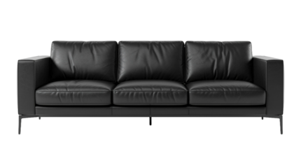 Chic black leather sofa on transparent background.