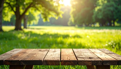Wooden table in bright park