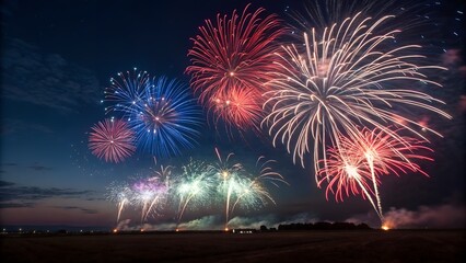 Fireworks burst New Year background, vibrant colors, wide composition, dramatic contrast