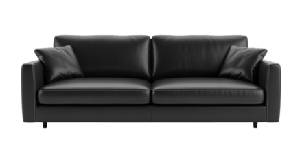 Chic black leather sofa on transparent background.