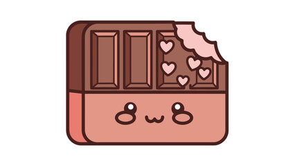 Cute cartoon chocolate bar with hearts and a bite taken out, on a white background.