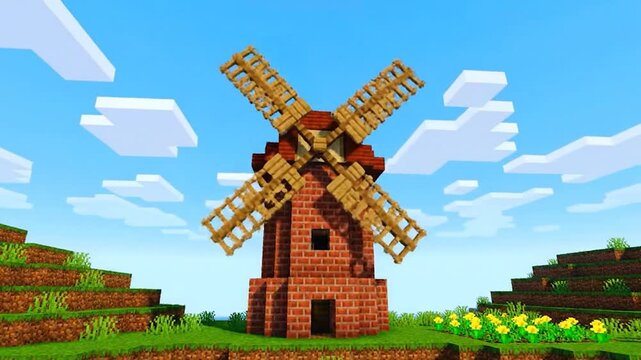 A blocky, voxel-based windmill built from bricks and wood, set on a grassy hill under a blue sky