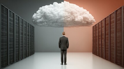 Cloud computing concept: Businessman in front of server racks and a cloud illustration
