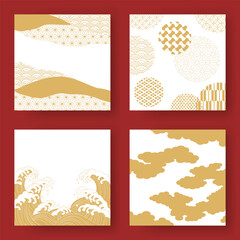 雲と和柄の背景セット／正方形のバナー