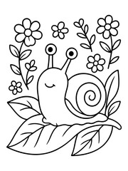 Obraz premium Cheerful Snail and Blossoms: A cheerful snail, with its endearing spiral shell, rests gently upon a leaf, surrounded by whimsical flowers and delicate sprigs.