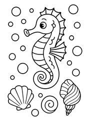 Fototapeta premium Ocean's Delight: A charming illustration featuring a seahorse, seashell and a swirl, showcasing the beauty and wonder of the ocean's depths.