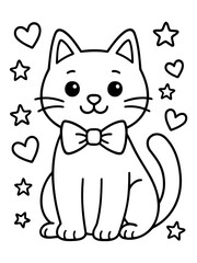Fototapeta premium Cute Cat Coloring Page: A delightful line drawing of a charming cat wearing a bow tie, surrounded by stars and hearts, perfect for coloring and creativity. 