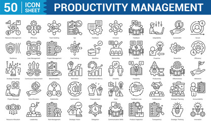 Productivity Management outline style editable Icon Set Collection Concept With Icon Of resource management,  feedback, inclusion, efficiency, team building. Illustration eps 10