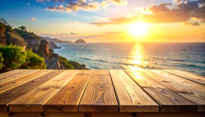 Wooden table sunset view