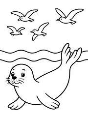Seagull and Seal cartoon: A delightful cartoon illustration shows a friendly seal swimming gracefully in the water, with cheerful seagulls soaring above.