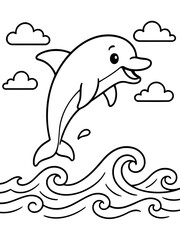 Obraz premium Joyful Dolphin's Leap: A delightful line drawing depicts a playful dolphin soaring above the ocean waves under a few fluffy clouds, creating a scene of marine delight. 