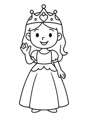 Fototapeta premium Graceful Royal: A sketch of a young princess radiates charm with a gentle wave, crowned with a jeweled tiara, and wearing an elegant gown. 