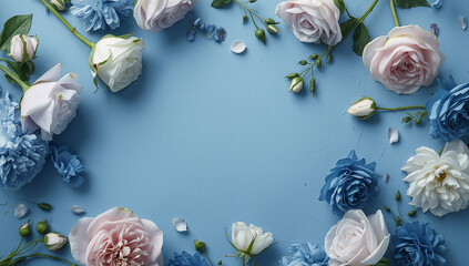 フラットレイの青背景ローズ花背景 カードや広告に使いやすい華やかな素材.生成AI
