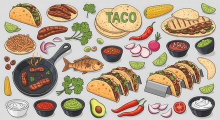 Illustration of Mexican fiesta cuisine ingredients including tacos and assorted toppings