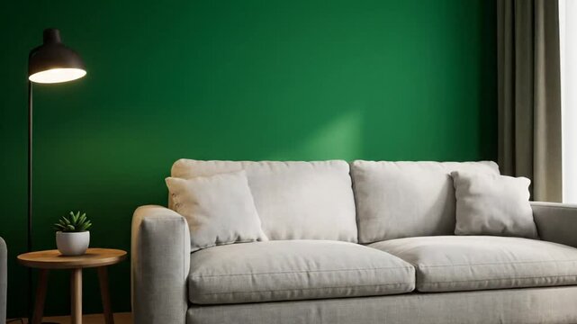 A modern living room features a green wall with a sofa, lamp, small table, and a plant