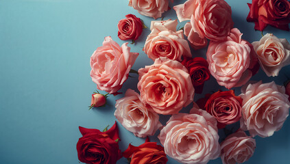 青背景にバラを散らした花背景 女性向けSNS投稿やバナーに合うデザイン.生成AI
