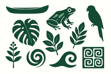 Ecuadorian Amazon Icon Set with Canoe, Poison Frog, Jungle Leaves, Parrot, River, Medicinal Plant and Tribal Pattern in Vector