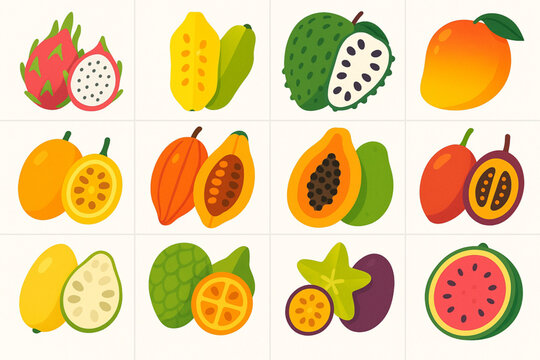 Ecuador Tropical Fruit Icon with Pitahaya, Babaco, Guan&aacute;bana, Mango, Maracuy&aacute;, Cacao, Papaya, Tamarillo and Chirimoya