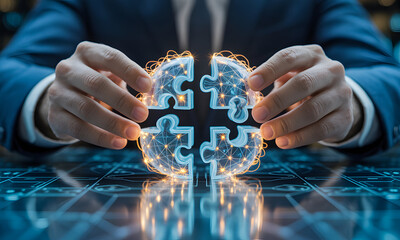 Business hands connecting glowing digital puzzle pieces symbolizing teamwork synergy and strategic corporate solutions