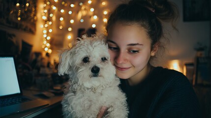 Young Woman Smiling with Small White Dog in Cozy Indoor Setting