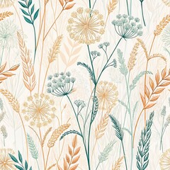 Delicate meadow grasses and wild herbs seamless pattern in soft teal orange and cream tones