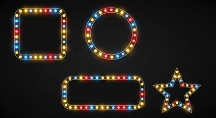 Illuminated geometric shape collection adorned with vibrant light bulbs on a black backdrop