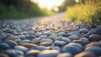 Obraz premium Close up of pebbles along a path with sunlight in background
