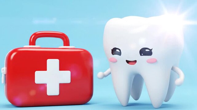 A cartoon tooth character with a cheerful smile stands beside a red first aid kit on a blue background