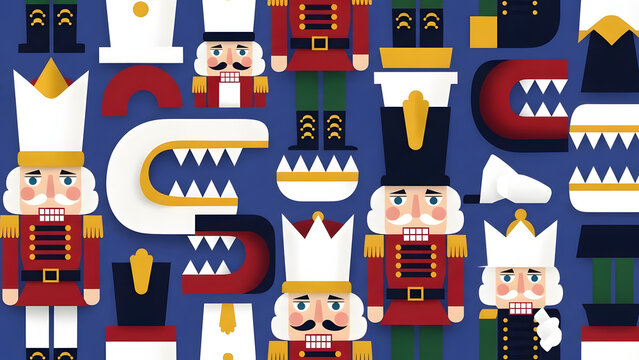 Stylized geometric nutcracker characters and winter symbols pattern.