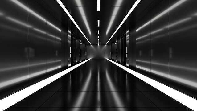 Abstract dark tunnel with bright neon lights, creating a futuristic path and a sense of endless depth and speed in a modern architectural space