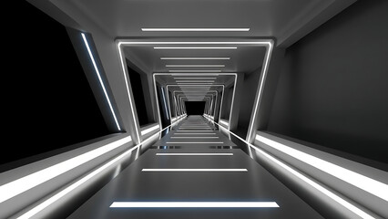 Symmetrical futuristic corridor illuminated by bright LED lights, forming a modern abstract tunnel with a deep vanishing point perspective, reflecting high-tech style