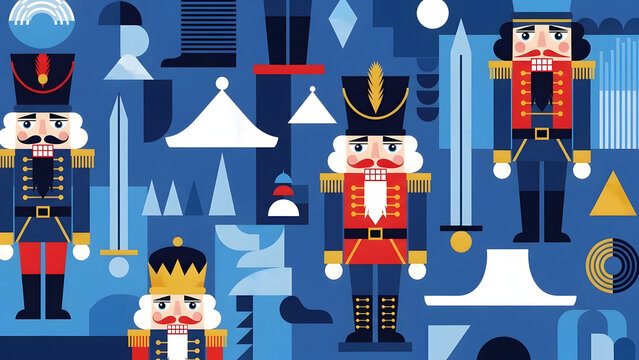 Flat vector illustration of various Christmas nutcracker soldiers on blue background.