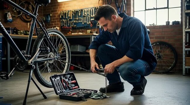 Dedicated man repairs a bicycle in his garage workshop offering maintenance and care