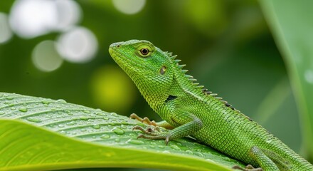 Obraz premium Vibrant Green Lizard Resting on Dew-Kissed Leaf in Lush Tropical Backdrop