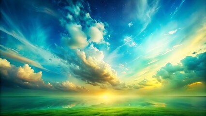 Obraz premium Vibrant sunrise over calm water reflecting green landscape and sky