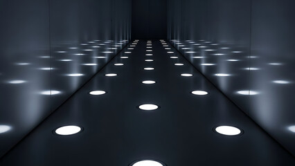 Illuminated Pathway A Futuristic Hallway with Glowing Circles Leading into Darkness