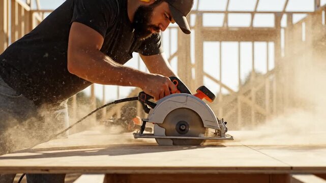 Carpenter cutting wood with circular saw on construction site