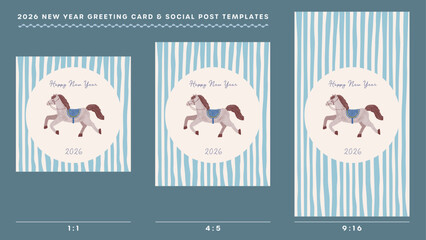 2026年年賀状とSNS投稿に使えるテンプレートセット/水彩風手描き馬と青いストライプ背景のデザイン