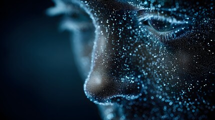 Abstract Digital Human Face Composed of Glowing Blue Particles.