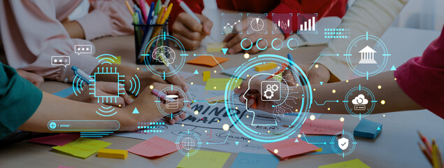 A vibrant collaborative workspace where users engage in a brainstorming session, surrounded by colorful notes and modern technology concepts that enhance creativity. Trope