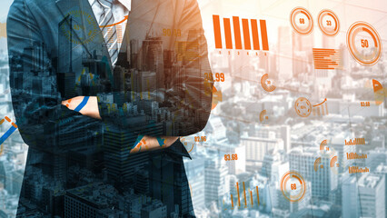 A businessman stands confidently with arms crossed against a dynamic city backdrop, featuring digital graphs and data analytics visualizations, symbolizing modern corporate success. Xenic