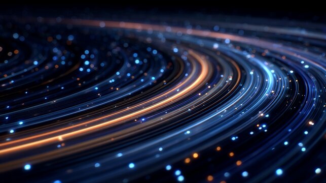 Abstract rendering of glowing light trails suggesting technology and speed of data flow - Powered by Adobe