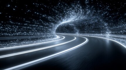Abstract road illuminated with digital light particles flowing through a dark tunnel