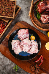 Fresh Raw Pork Bones and Meat with Spicy Cooking Ingredients