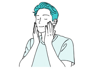 両手で頬に触れスキンケアをする男性の線画｜リラックス・セルフケア