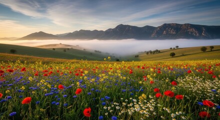 Serene mountain vista with blossoming flower meadow and ethereal morning fog