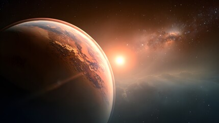 Fototapeta premium Alien Planet Sunrise with Distant Galaxy and Nebula.