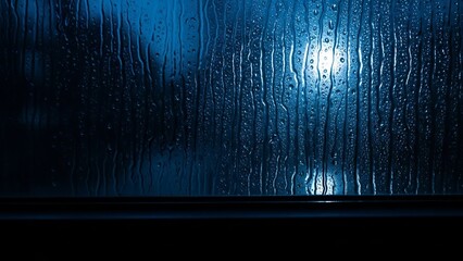 Rainy window pane with vertical streaks of water illuminated by a distant blue light at night, creating a moody and contemplative atmosphere