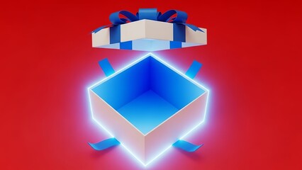 An open white gift box with a blue bow, revealing a captivating blue glow inside, suspended against a bold red background