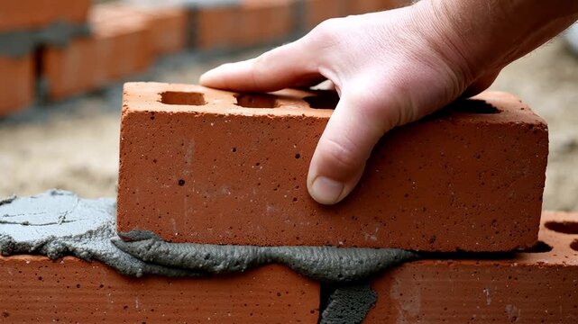 Hand placing a red clay brick onto a layer of gray cement mortar with hardworking mood on a blurred construction site background